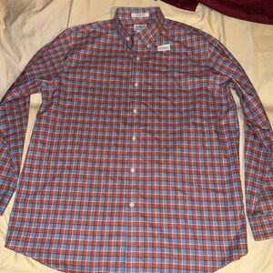 LL Bean Mens Large Wrinkle Free Traditional Fit Plaid Button Down Shirt Red Blue